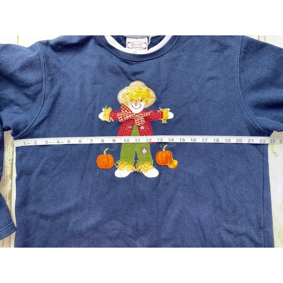 Vintage Embellished Happy Fall Y'all Scarecrow Pumpkins cozy Blue Sweatshirt - Picture 4 of 7